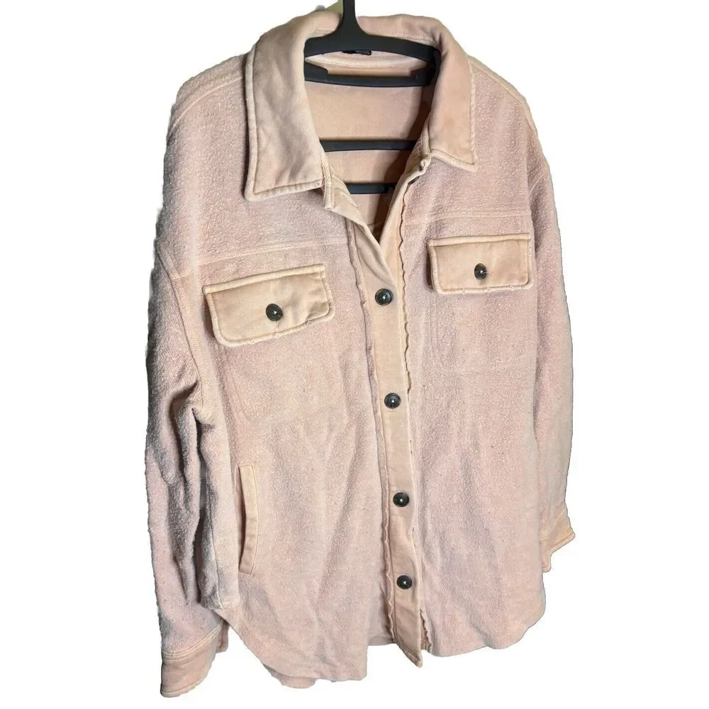 Black Tape‎ Button Up Womens Size P/L Beige Chambray Shacket Elbow Patches